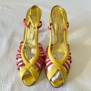 Hollywood Yellow & Pink Braided Leather Slingback Heels 🔥